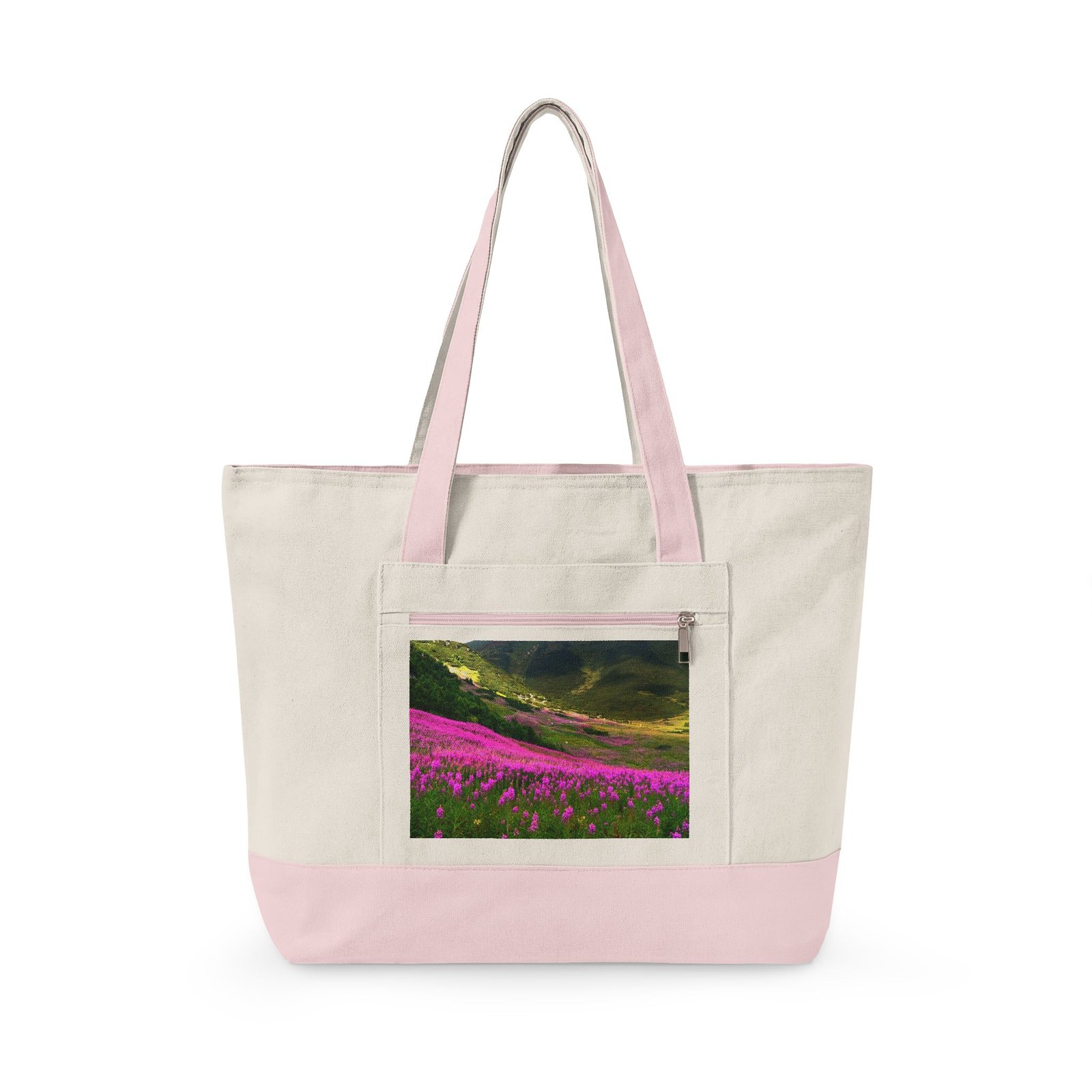 Canvas Tote Bag — Scenic Floral Meadow & River Photo Print Zippered Tote - Image 2