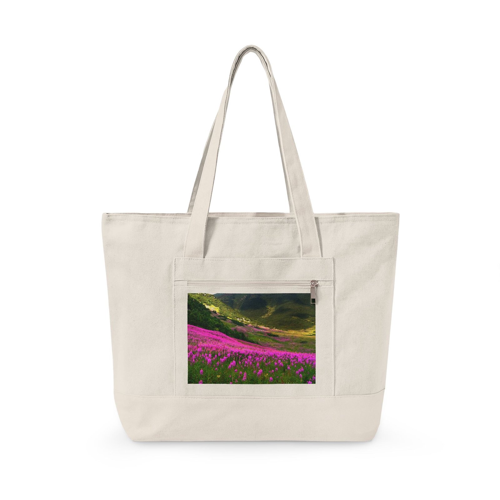 Canvas Tote Bag — Scenic Floral Meadow & River Photo Print Zippered Tote - Image 4