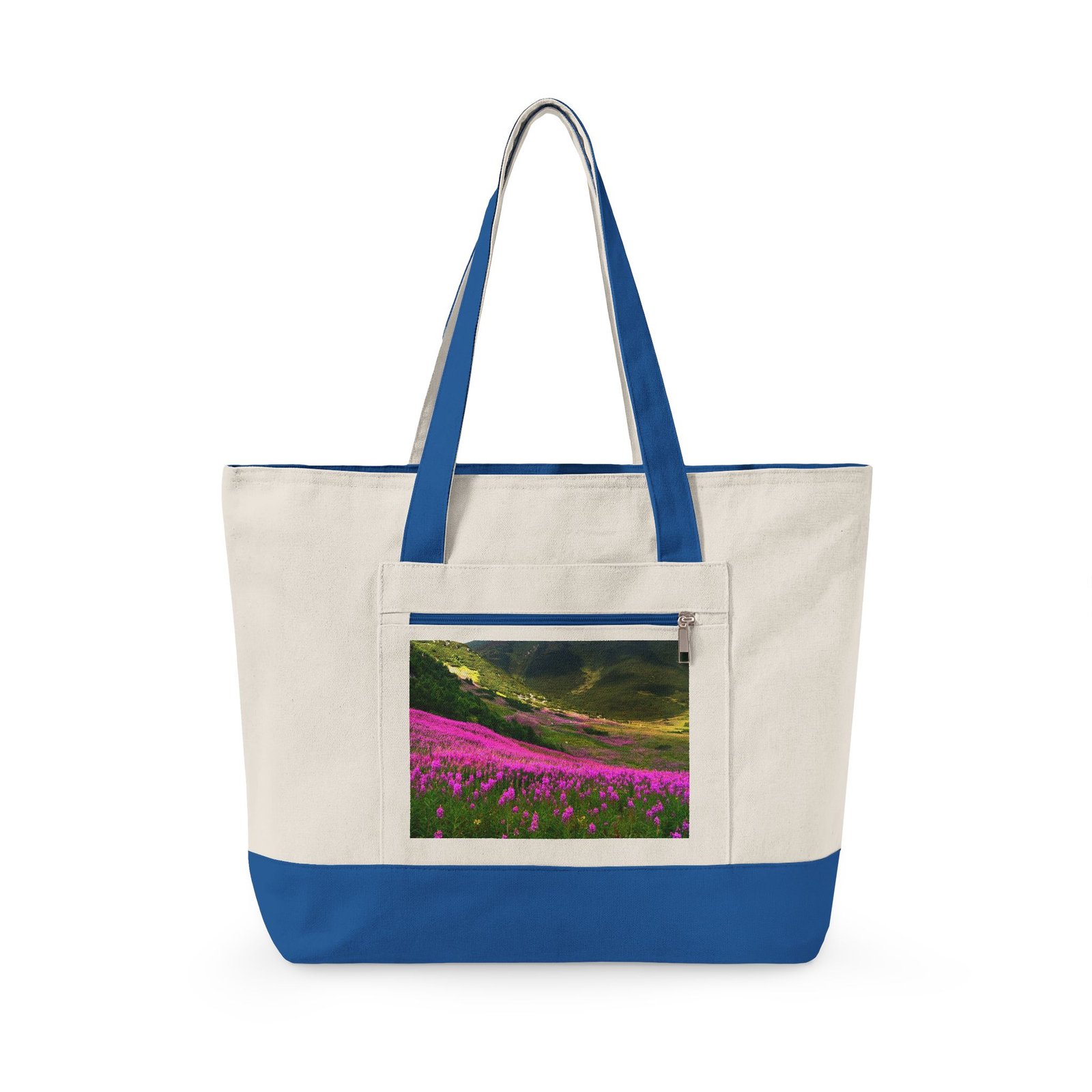 Canvas Tote Bag — Scenic Floral Meadow & River Photo Print Zippered Tote - Image 10