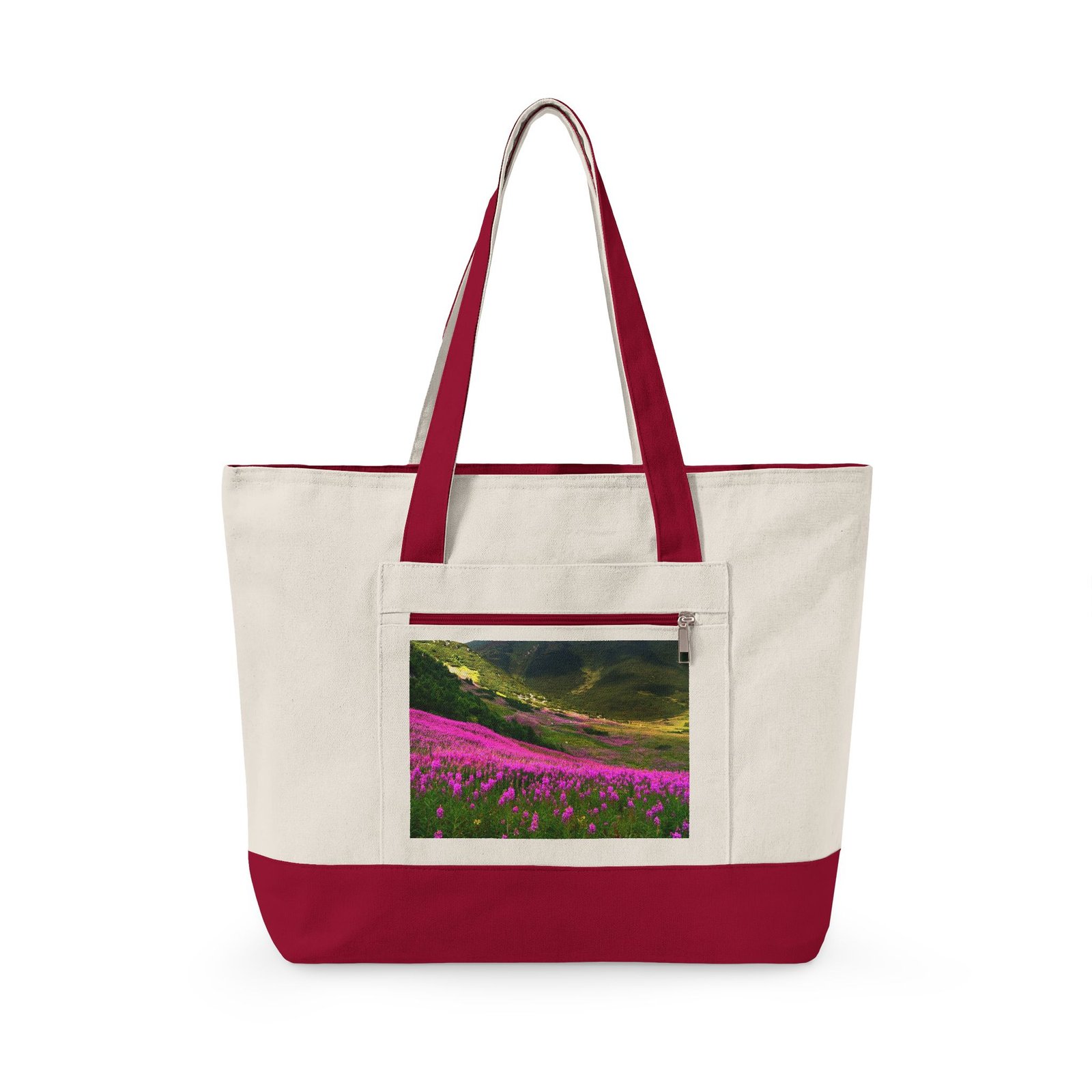 Canvas Tote Bag — Scenic Floral Meadow & River Photo Print Zippered Tote - Image 16