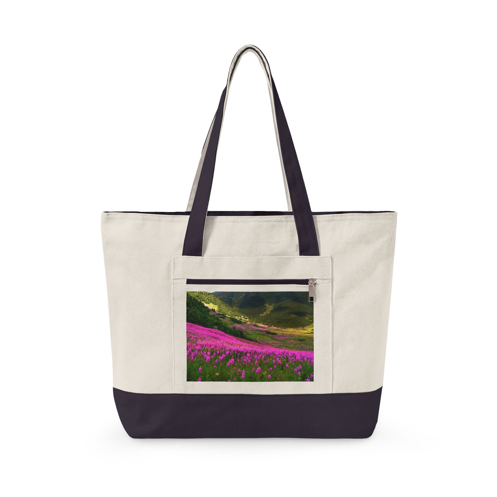 Canvas Tote Bag — Scenic Floral Meadow & River Photo Print Zippered Tote - Image 14