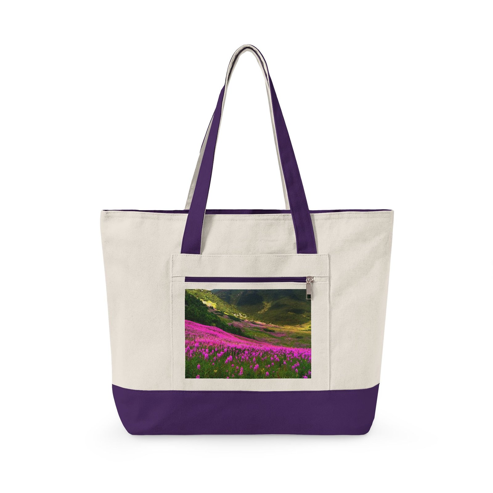Canvas Tote Bag — Scenic Floral Meadow & River Photo Print Zippered Tote - Image 12